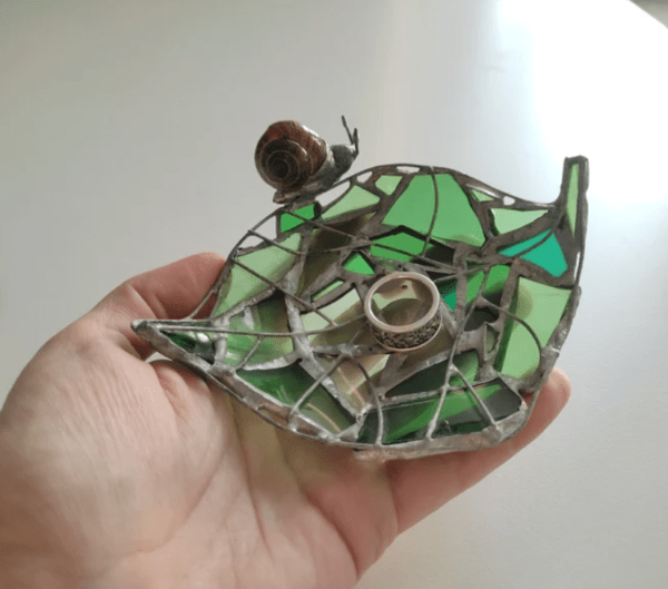 Stained glass green leaf + snail ring dish, bottle glass recycled art, cute trinket dish