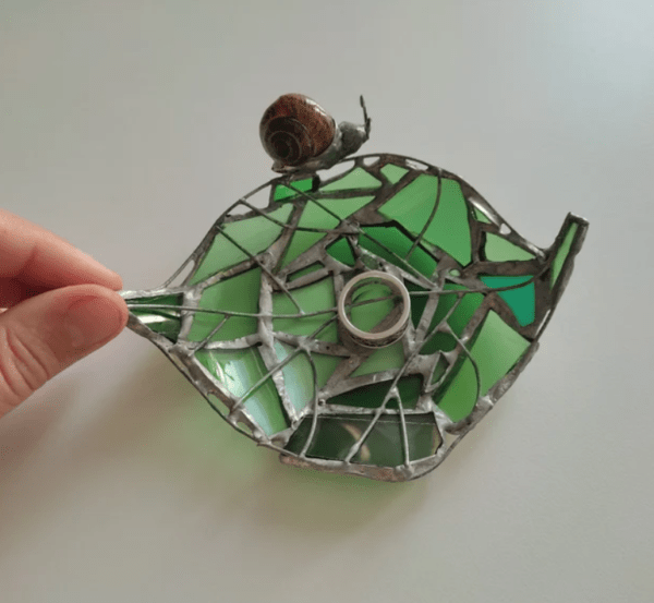 Stained glass green leaf + snail ring dish, bottle glass recycled art, cute trinket dish - Image 9