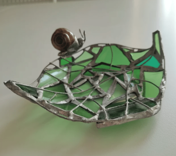 Stained glass green leaf + snail ring dish, bottle glass recycled art, cute trinket dish - Image 5