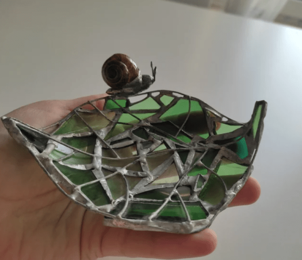 Stained glass green leaf + snail ring dish, bottle glass recycled art, cute trinket dish - Image 2