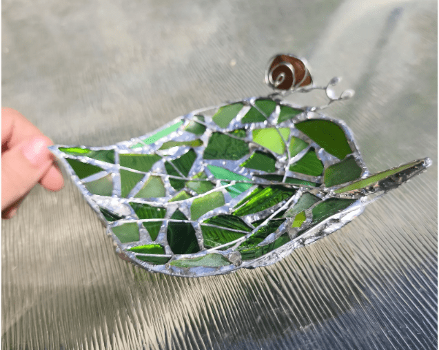 Stained glass green leaf + snail ring dish, bottle glass recycled art, cute trinket dish - Image 7