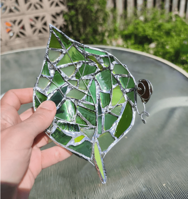 Stained glass green leaf + snail ring dish, bottle glass recycled art, cute trinket dish - Image 6