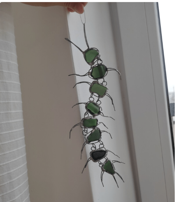 Sea glass centipede wall or window hanging, teal-brownish glass scary home decor - Image 8