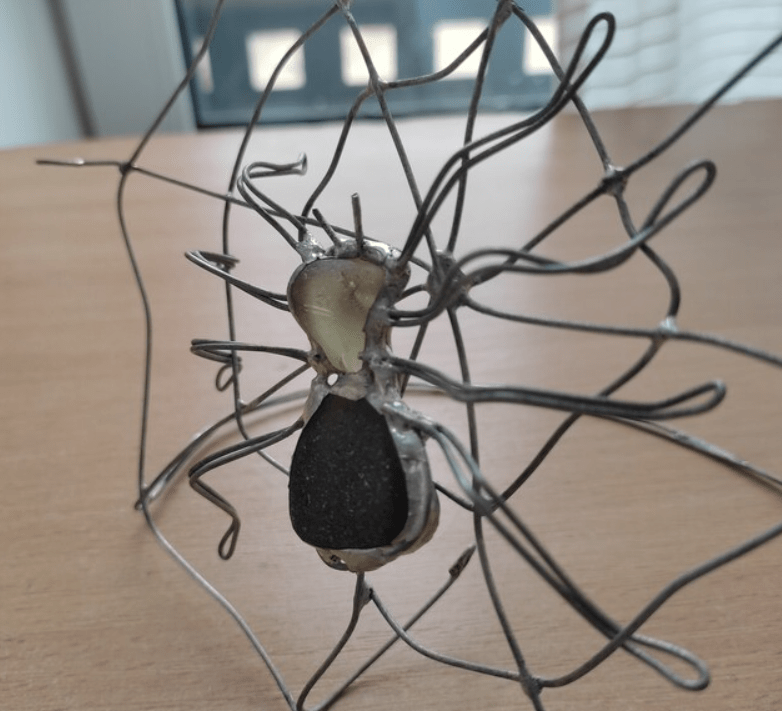 Sea glass spider on a spiderweb table suncatcher, teal-brownish glass scary home decor - Image 3