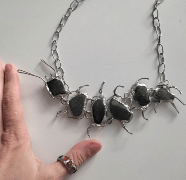 Seaglass centipede necklace, unique statement upcycled jewelry, millipede wearable art - brutal and heavy - Image 3