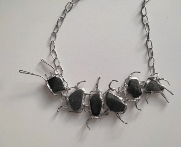 Seaglass centipede necklace, unique statement upcycled jewelry, millipede wearable art - brutal and heavy - Image 2