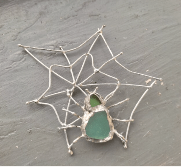 Seaglass spider on web brooch / necklace, unique statement upcycled jewelry, insect wearable art - brutal and heavy - Image 6