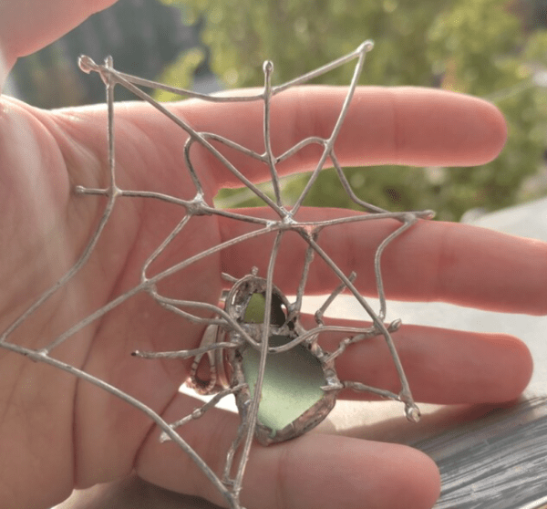 Seaglass spider on web brooch / necklace, unique statement upcycled jewelry, insect wearable art - brutal and heavy - Image 4