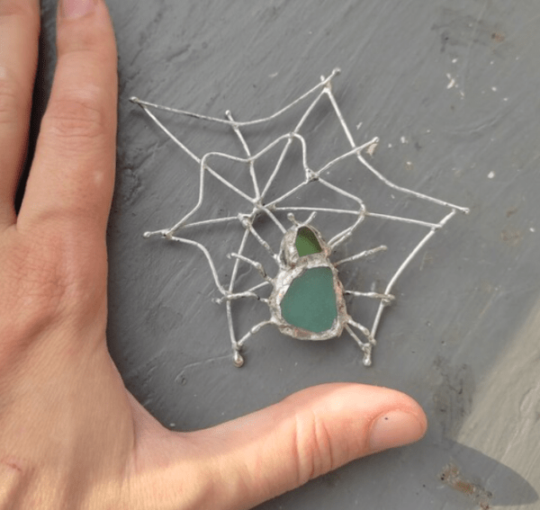 Seaglass spider on web brooch / necklace, unique statement upcycled jewelry, insect wearable art - brutal and heavy - Image 3