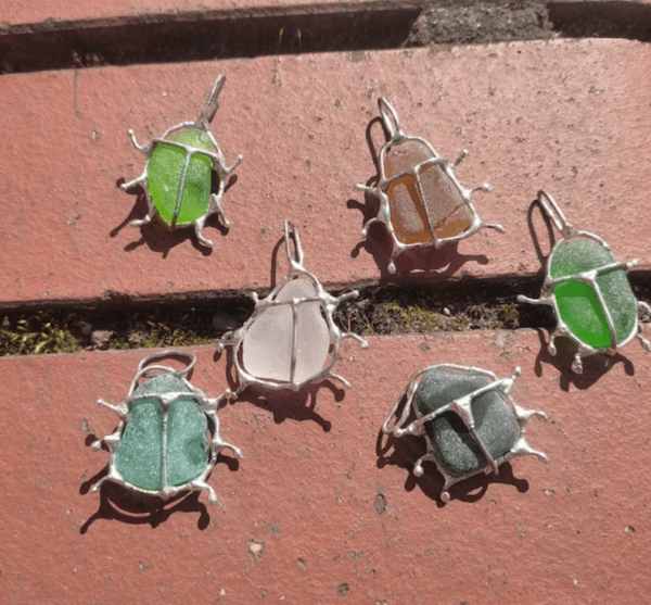 Sea glass bug necklace and/or earrings, chunky statement beetle art pendant or brooch, unique recycled beach jewelry - Image 7