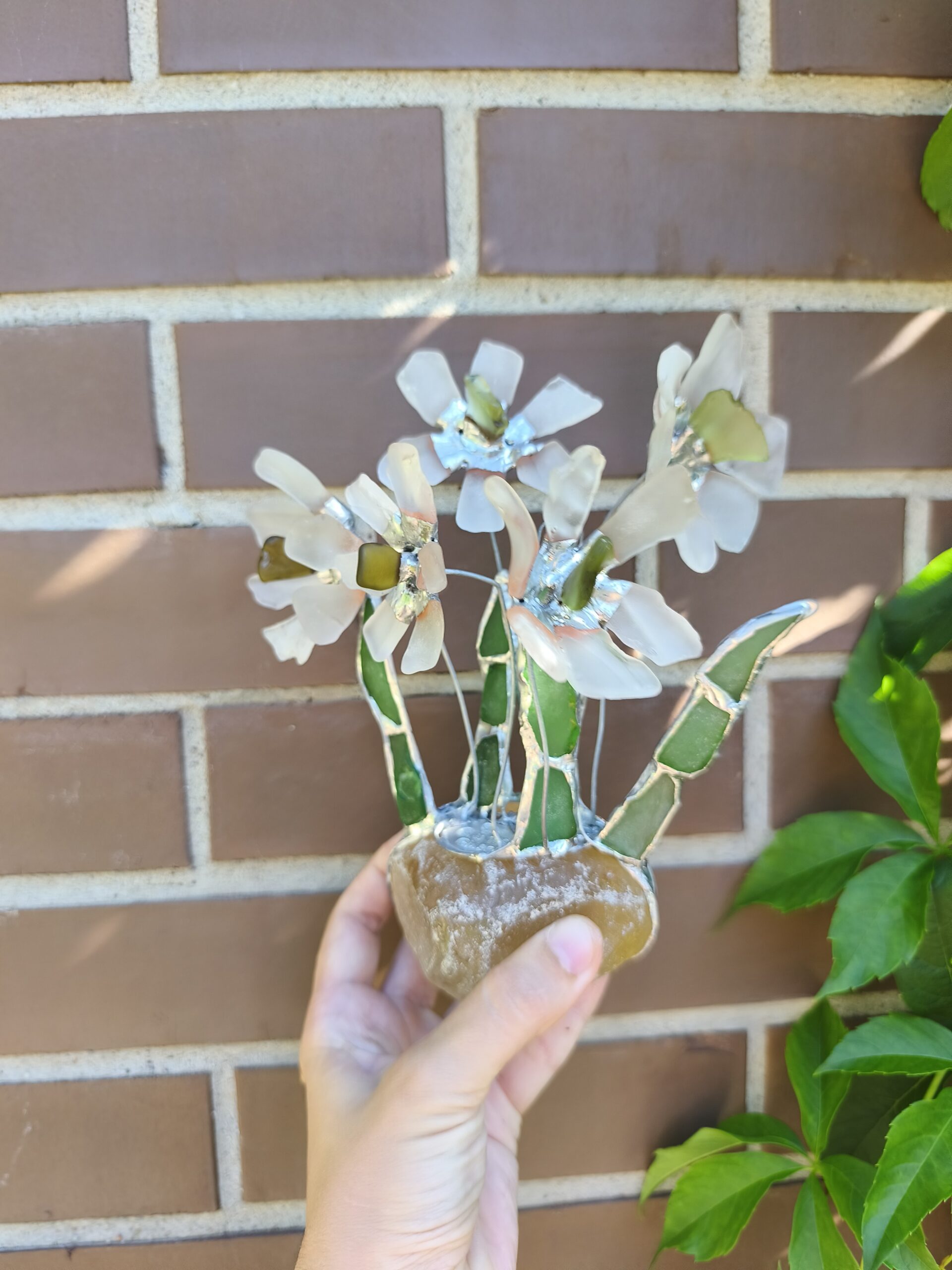 Sea glass daffodils, stained glass artificial flower composition, table suncatcher, upcycled art decor - Image 7