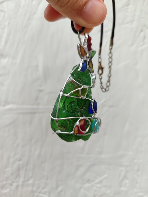 Sea glass Christmas tree necklace or suncatcher, unique bonfire glass piece - Image 5