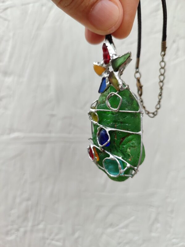 Sea glass Christmas tree necklace or suncatcher, unique bonfire glass piece - Image 4