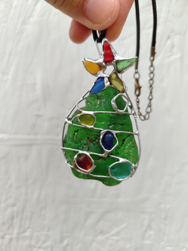 Sea glass Christmas tree necklace or suncatcher, unique bonfire glass piece - Image 6