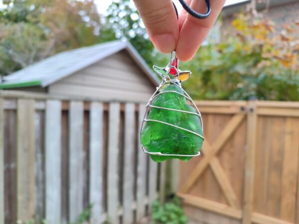 Sea glass Christmas tree necklace or suncatcher, unique bonfire glass piece - Image 7