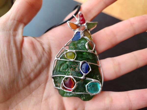 Sea glass Christmas tree necklace or suncatcher, unique bonfire glass piece