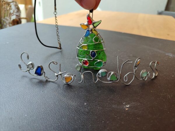 Sea glass Christmas tree necklace or suncatcher, unique bonfire glass piece - Image 2