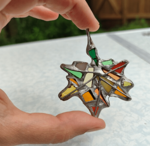 Maple leaf stained glass necklace pendant, heavy mosaic jewelry, small suncatcher, bag charm, ornament - Image 6