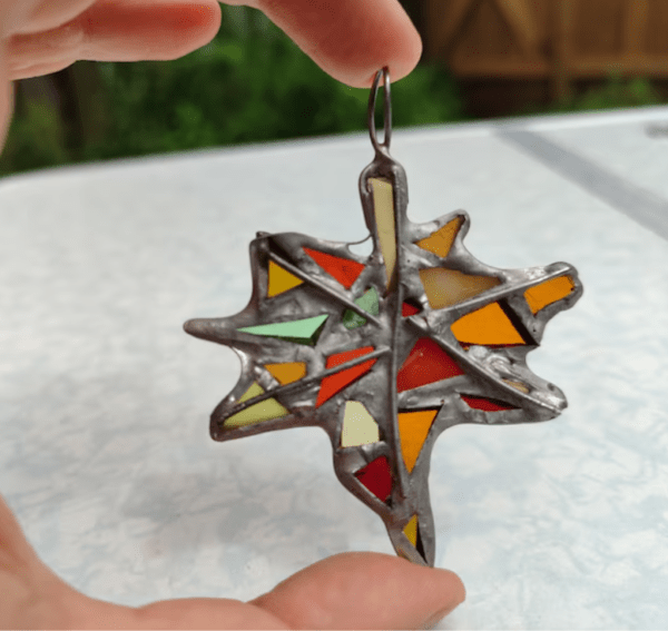 Maple leaf stained glass necklace pendant, heavy mosaic jewelry, small suncatcher, bag charm, ornament - Image 5