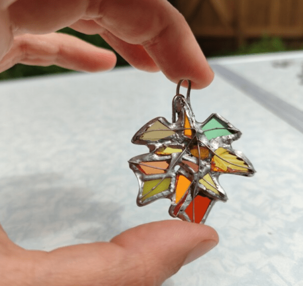 Maple leaf stained glass necklace pendant, heavy mosaic jewelry, small suncatcher, bag charm, ornament - Image 4