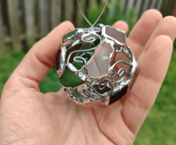 Sea glass openwork bauble, Christmas tree upcycled ornament