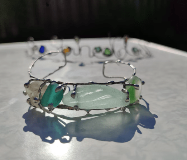 Bigger sea glass cuff bracelet, unique bijoux art jewelry, adjustable