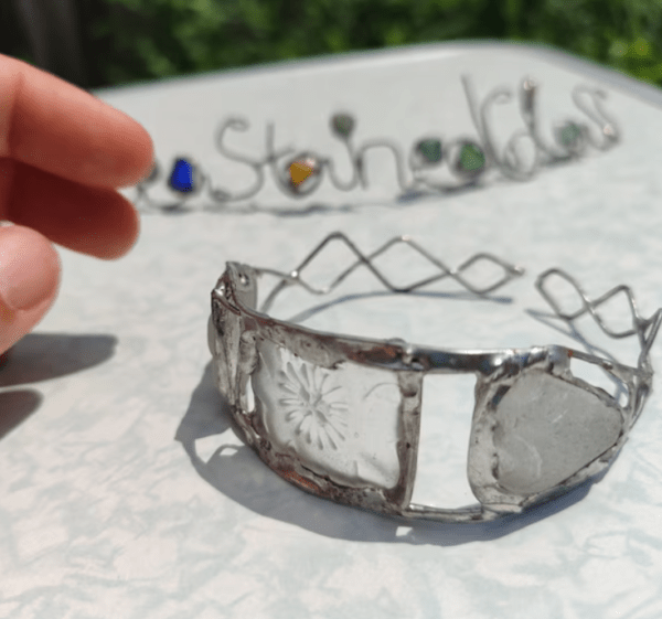 White sea glass cuff bracelet, unique bijoux art jewelry, adjustable