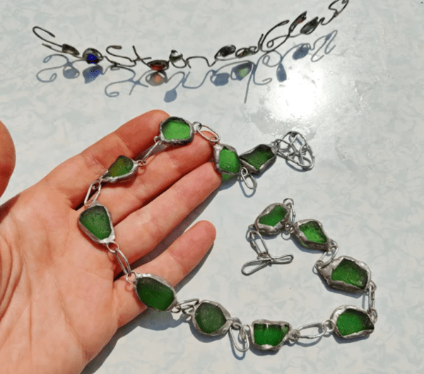 Green sea glass necklace, unique costume jewelry, statement art necklace