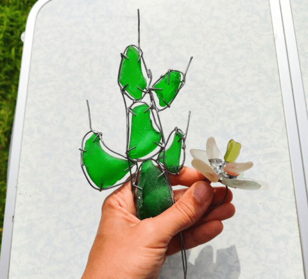 Sea glass cactus figurine + flowers, green blooming cactus, artificial succulent - Image 5