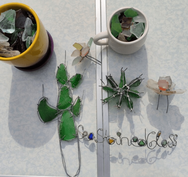 Sea glass cactus figurine + flowers, green blooming cactus, artificial succulent - Image 3