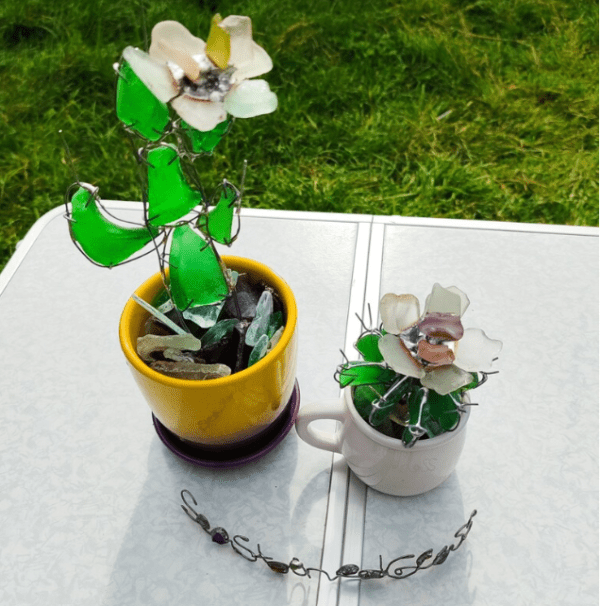 Sea glass cactus figurine + flowers, green blooming cactus, artificial succulent - Image 2