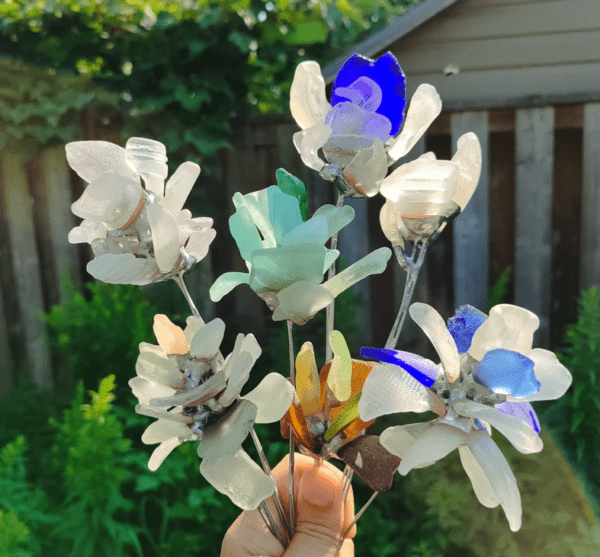 Sea stained glass flowers, unique artificial bouquet, sea glass flower art