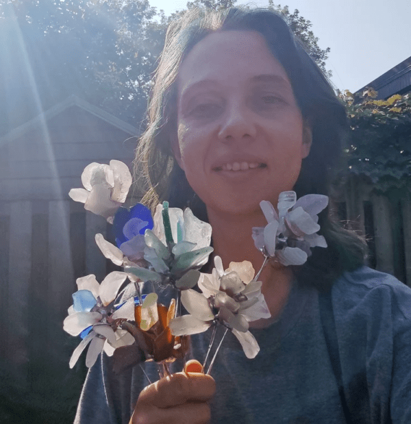 Sea stained glass flowers, unique artificial bouquet, sea glass flower art - Image 10