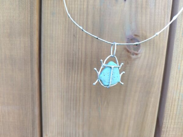 Blue slag bug necklace, two-sided turquoise-like chunky statement beetle art pendant, unique recycled beach jewelry - Image 7