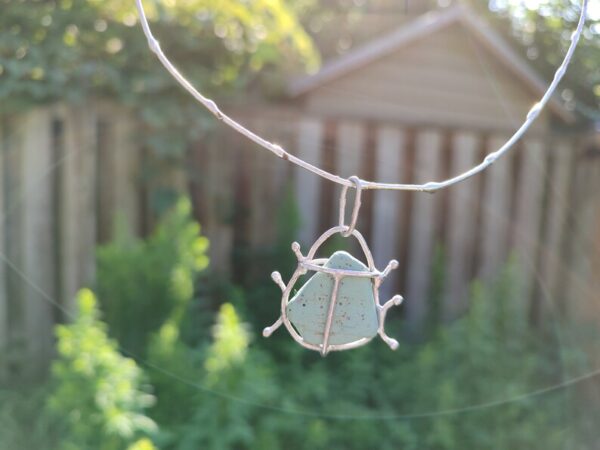 Blue slag bug necklace, two-sided turquoise-like chunky statement beetle art pendant, unique recycled beach jewelry - Image 9