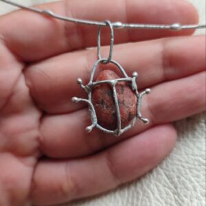 Red pebble bug necklace, chunky statement beetle art pendant, unique recycled beach jewelry