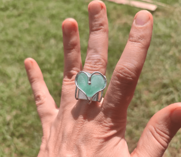 Sea glass aqua blue heart signet ring, adjustable, chunky statement art jewelry