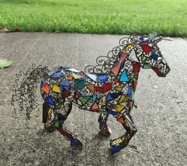 Horse figurine night light, openwork rusty metal + stained glass, unique upcycled art - Image 10