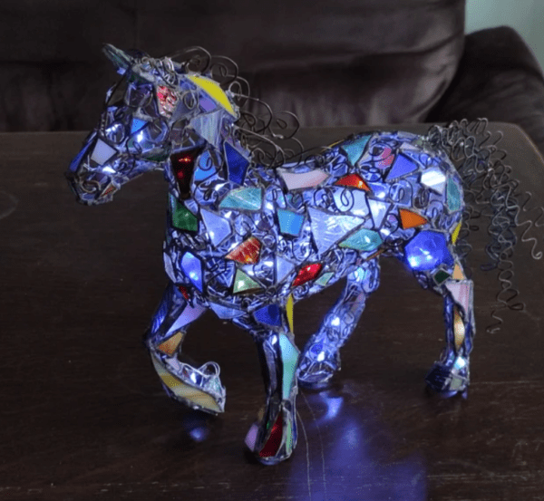 Horse figurine night light, openwork rusty metal + stained glass, unique upcycled art - Image 7