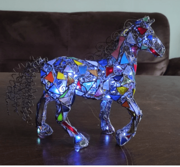 Horse figurine night light, openwork rusty metal + stained glass, unique upcycled art - Image 3