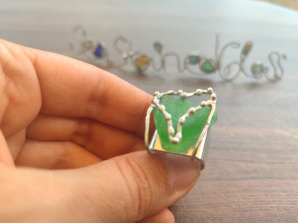 Sea glass green heart signet ring, adjustable, chunky statement art jewelry - Image 7