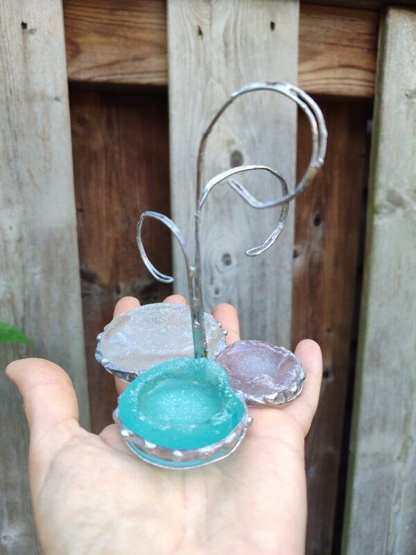 Seaglass jewelry holder, unique earring holder + ring dish, trinket dish, recycle stained glass art - Image 2