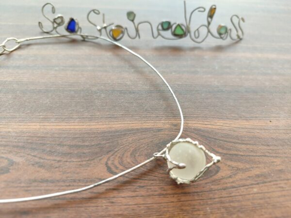 Sea glass white marble necklace, statement art pendant, unique recycled beach jewelry - Image 9