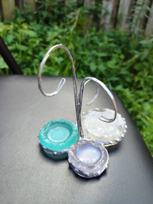 Seaglass jewelry holder, unique earring holder + ring dish, trinket dish, recycle stained glass art - Image 4