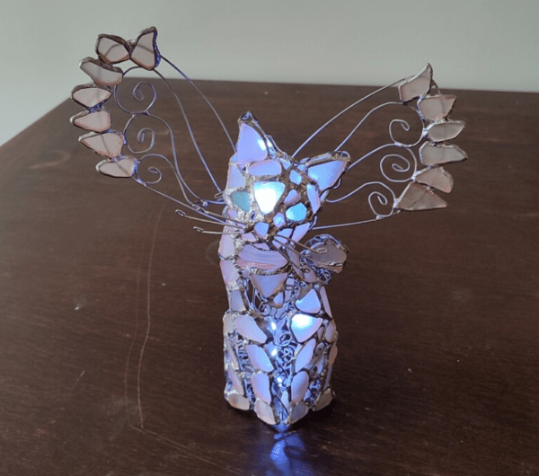 Sea glass winged cat figurine night light, memorial gift, stained glass cute art home decor, wireless DIY night lamp - Image 2