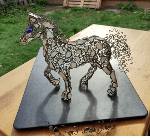 Sea glass horse or unicorn figurine night light, openwork wire + stained glass, unique upcycled art - Image 8