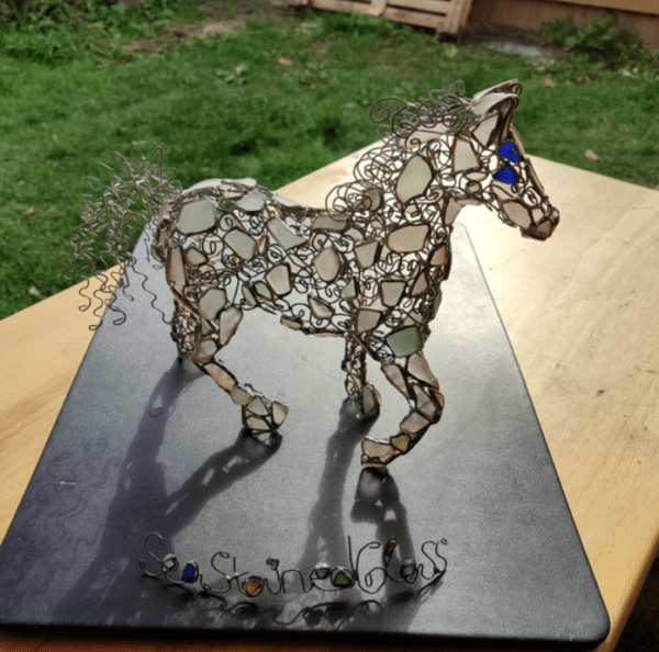 Sea glass horse or unicorn figurine night light, openwork wire + stained glass, unique upcycled art - Image 6