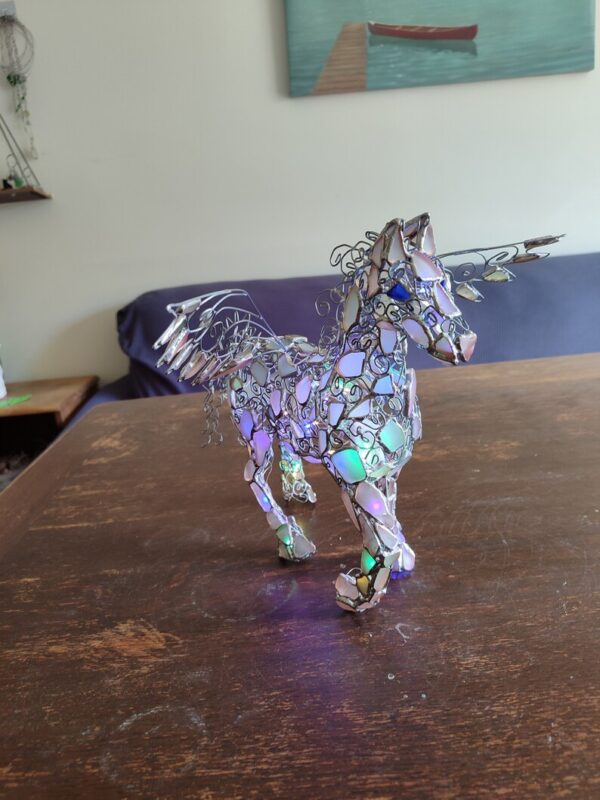 Sea glass pegasus, winged horse or unicorn figurine night light, openwork wire + stained glass, unique upcycled art - Image 4