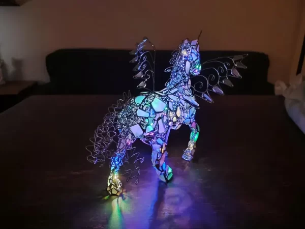 Sea glass pegasus, winged horse or unicorn figurine night light, openwork wire + stained glass, unique upcycled art - Image 9