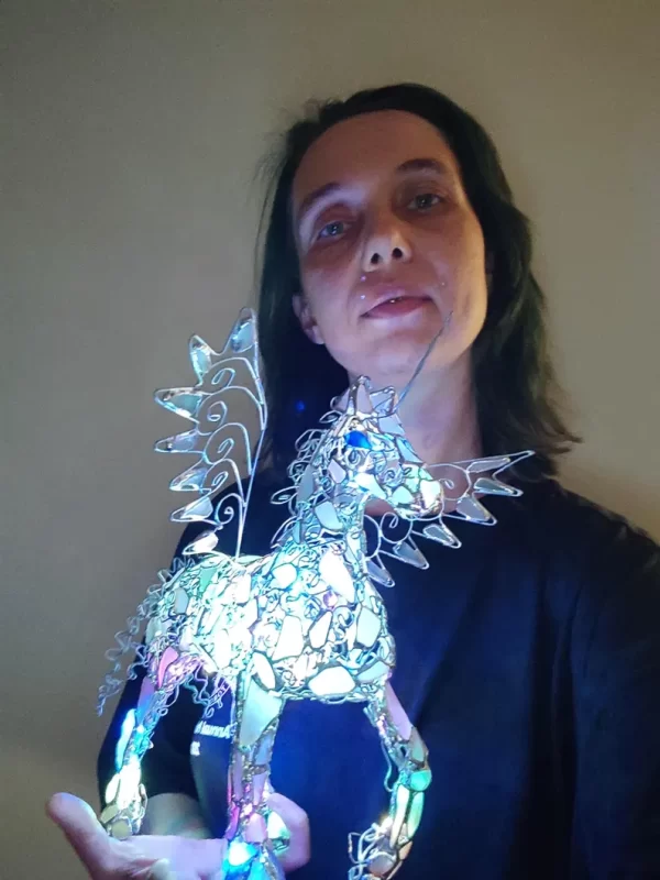 Sea glass pegasus, winged horse or unicorn figurine night light, openwork wire + stained glass, unique upcycled art - Image 3